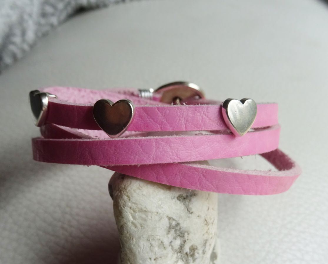 Bracelet cuir Rose 3 tours Coeurs