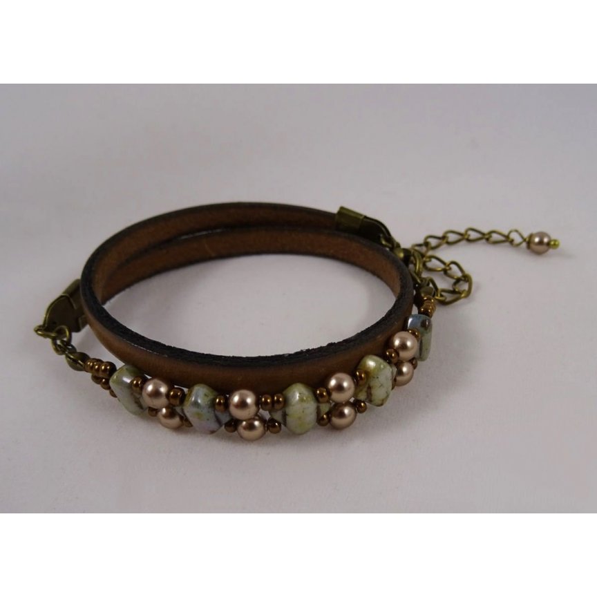 Kit bracelet cuir 2 tours perles Silky vert bronze