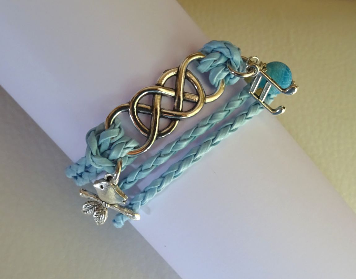 Bracelet double infini et double tour cuir tressé bleu