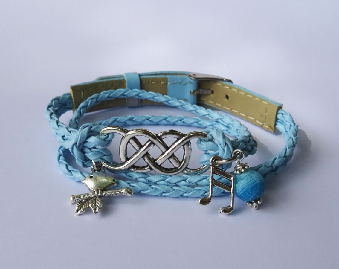 Bracelet double infini et double tour cuir tressé bleu