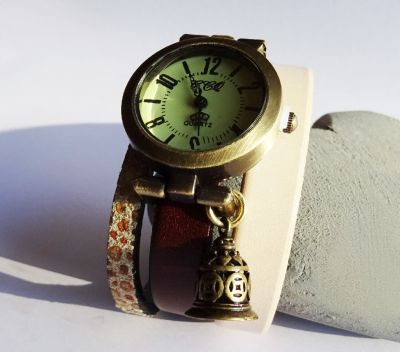 Montre manchette cuir marron/beige Cloche